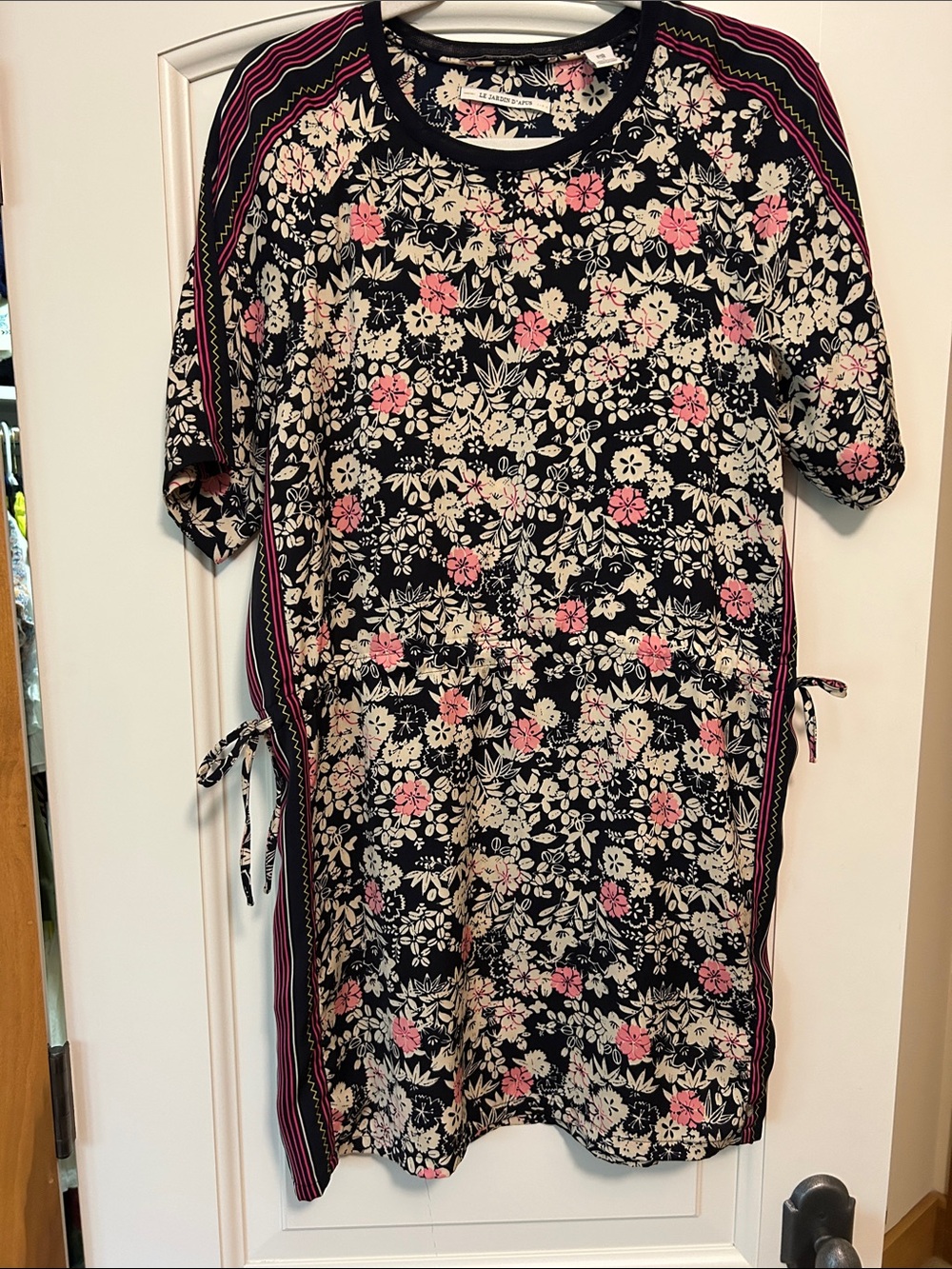 Scotch & Soda Black Mini Dress with Cream and Pink Floral Print. Cinch waistband